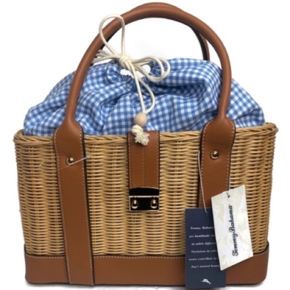 Tommy Bahama Wicker Straw Rattan Purse Natural Color Gingham Blue & White NWOT - Picture 6 of 6